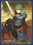  1boy alm_(fire_emblem) armor artist_request bangs cape circlet company_connection copyright_name fire_emblem fire_emblem_cipher fire_emblem_echoes:_mou_hitori_no_eiyuuou gauntlets gloves green_eyes green_hair holding holding_sword holding_weapon logo looking_at_viewer male_focus official_art shield short_hair shoulder_armor shoulder_pads smile solo sword weapon 
