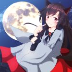  1girl animal_ears blush breasts brooch brown_hair dress fang full_moon highres hiyohiyo_(naka) imaizumi_kagerou index_finger_raised jewelry long_hair looking_at_viewer moon night night_sky pointing pointing_at_self red_eyes sky smile solo touhou wide_sleeves wolf_ears 