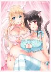  2girls alternate_costume atago_(kantai_collection) bell bell_choker black_hair blonde_hair blue_bra blue_eyes blue_panties blush bra breast_press breasts cat_band_legwear cat_cutout cat_ear_panties cat_lingerie choker cleavage cleavage_cutout erect_nipples fang frilled_bra frills highres jingle_bell kantai_collection large_breasts long_hair looking_at_viewer meme_attire midriff multiple_girls nanairo_fuuka navel open_mouth panties paw_print pink_bra pink_panties red_eyes symmetrical_docking takao_(kantai_collection) tongue tongue_out underwear underwear_only 