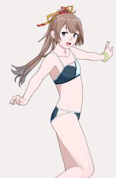  1girl bikini blue_eyes brown_hair flat_chest hair_ribbon kantai_collection kazagumo_(kantai_collection) long_hair ojipon open_mouth outstretched_arms ponytail ribbon scrunchie simple_background solo striped striped_bikini swimsuit white_background wrist_scrunchie 