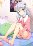  1girl bangs barefoot bedroom blouse blue_eyes blush bow closed_mouth eromanga_sensei eyebrows_visible_through_hair feet frills grey_hair hair_between_eyes hair_bow highres indoors izumi_sagiri knees_together_feet_apart long_hair long_sleeves looking_at_viewer on_bed pajamas pen-zin pink_blouse pink_bow poster shoes_removed silver_hair single_shoe sitting slippers slippers_removed solo stuffed_animal stuffed_octopus stuffed_toy 