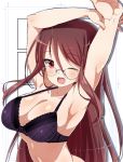  1girl armpits arms_up black_bra blush bra breasts brown_eyes brown_hair character_request cleavage gankutsu-sou_no_fuyajou-san glasses large_breasts long_hair navel one_eye_closed open_mouth pic_k plaid plaid_bra rimless_glasses smile solo underwear 