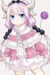  1girl blue_eyes capelet commentary_request dragon_girl dragon_horns dragon_tail frilled_skirt frills hair_bobbles hair_ornament hairband highres horns kanna_kamui kobayashi-san_chi_no_maidragon lavender_hair long_hair looking_at_viewer low_twintails satou_(3366_s) simple_background skirt solo tail thigh-highs twintails white_background zettai_ryouiki 