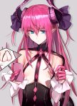  1girl blue_eyes breast_envy breasts cellphone curled_horns fate/extra fate_(series) flat_chest grey_background hair_ribbon lancer_(fate/extra_ccc) large_breasts long_hair phone pointy_ears purple_ribbon revealing_clothes ribbon shadow shijiu_(adamhutt) sidelocks simple_background smartphone solo strap_pull upper_body 