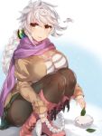  1girl bangs black_legwear blush braid breasts capelet eyebrows_visible_through_hair fringe green_scarf grey_hair kantai_collection large_breasts legs_together light_smile long_hair looking_at_viewer nervous_smile outdoors pantyhose parted_lips purple_scarf scarf shirt single_braid sleeves_past_wrists snow snow_bunny solo squatting squiggle striped striped_shirt sweatdrop sweater swept_bangs thighband_pantyhose unryuu_(kantai_collection) very_long_hair yamaarashi yellow_eyes 