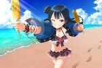  1girl beach bikini blue_hair food long_hair love_live!_sunshine!! odango red_eyes smile solo swimsuit tsuhima_yohane tsushima_yoshiko wink 