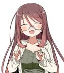  1girl ^_^ bangs blush breasts brown_hair cardigan closed_eyes collarbone eyebrows_visible_through_hair facing_viewer gankutsu-sou_no_fuyajou-san glasses hair_between_eyes hands_up large_breasts long_hair open_cardigan open_clothes open_mouth pic_k rimless_glasses simple_background smile sweatdrop upper_body white_background 