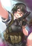  :d armband ayyh blush breasts foreshortening gloves gun handgun headset highres looking_to_the_side open_mouth original pleated_skirt red_eyes self_shot skirt smile trigger_discipline utility_vest vest watch watch weapon 