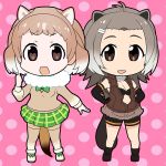  2girls :d american_beaver_(kemono_friends) animal_ears antenna_hair beaver_ears beaver_tail bike_shorts black-tailed_prairie_dog_(kemono_friends) breasts chibi cleavage dog_ears dog_tail elbow_gloves full_body fur_collar gloves hair_ornament hairclip hand_on_hip jacket kemono_friends looking_at_viewer multiple_girls navel nekota_susumu open_mouth pink_background pleated_skirt polka_dot school_uniform shorts simple_background skirt smile tail thigh-highs 