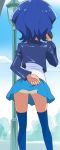 1girl arm_behind_back blue_hair blue_legwear blue_skirt from_behind haruyama_kazunori kirakira_precure_a_la_mode panties precure short_hair skirt solo tategami_aoi thigh-highs underwear white_panties 
