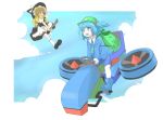  2girls :d akihikohex backpack bag black_shoes blonde_hair blue_boots blue_clothes blue_eyes blue_hair blue_sky boots broom broom_riding clouds day driving green_backpack green_hat hand_on_headwear hat highres hovercraft kawashiro_nitori kirisame_marisa multiple_girls open_mouth outdoors shoes sitting sky smile socks touhou two_side_up watercraft white_legwear witch_hat yellow_eyes 