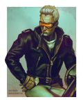  1boy andrew_tran artist_name belt cigarette commentary face_mask gloves gun highres jacket long_sleeves male_focus mask mouth_hold overwatch pants scar shirt sitting soldier:_76_(overwatch) solo visor watermark weapon web_address white_hair white_shirt 