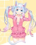  1girl animal_ears ayami_(annahibi) blue_eyes blush bow cat_ears cat_tail collarbone eromanga_sensei eyebrows_visible_through_hair hair_bow hair_grab izumi_sagiri kemonomimi_mode long_hair looking_at_viewer multicolored_hair open_mouth pajamas pink_bow shorts silver_hair solo tail twintails 