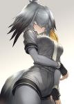  1girl bangs bird_tail black_gloves black_hair blush breasts eyebrows_visible_through_hair gloves gradient gradient_background grey_hair grey_shirt grey_shorts guchico head_wings kemono_friends long_hair low_ponytail multicolored_hair necktie pantyhose shirt shoebill_(kemono_friends) short_sleeves shorts side_ponytail simple_background solo white_necktie yellow_eyes 