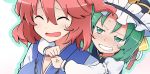  2girls ^_^ anger_vein angry blue_hat blue_vest blush clenched_hands clenched_teeth closed_eyes crown green_eyes green_hair grin hair_between_eyes hat hug hug_from_behind juliet_sleeves long_sleeves multiple_girls onozuka_komachi open_mouth puffy_sleeves redhead shiki_eiki shirt short_hair smile sweat sweatdrop teeth touhou two_side_up vest white_shirt yutamaro 