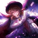  &gt;:) 1girl 60mai bangs blue_skirt blue_vest bow brown_eyes brown_hair cape card cowboy_shot fedora gloves hat hat_bow long_sleeves looking_at_viewer low_twintails parted_lips pleated_skirt skirt skirt_set solo touhou twintails usami_sumireko vest white_bow white_gloves 