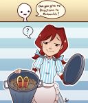  1girl :3 ? apron artist_name bangs bow comic english freckles hair_bow highres lui421 mcdonald&#039;s open_mouth outline redhead smirk solo speech_bubble stripped trash_can wendy&#039;s wendy_(wendy&#039;s) white_outline 