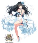  1girl bangs black_hair blue_eyes brave_girl_ravens breasts cleavage collarbone copyright_name dress eyebrows_visible_through_hair f-cla full_body gun hair_ornament high_heels highres holding holding_weapon jewelry legs_up logo long_hair looking_at_viewer medium_breasts necklace official_art rurafisu_(brave_girl_ravens) simple_background smile solo sparkle thigh_strap weapon white_background white_dress wide_sleeves 