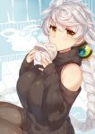  1girl alternate_costume asymmetrical_hair baozi bare_shoulders black_legwear black_sweater blurry braid breasts casual depth_of_field eating food hair_ornament jitome kantai_collection large_breasts long_hair looking_at_viewer pantyhose ribbed_sweater silver_hair single_braid sitting solo sweater turtleneck turtleneck_sweater unryuu_(kantai_collection) very_long_hair yamaarashi yellow_eyes 