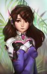  1girl absurdres bodysuit breasts brown_eyes brown_hair d.va_(overwatch) danielle_oyales highres light_smile long_hair overwatch small_breasts smile solo whisker_markings 