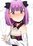  1girl bare_shoulders blush bow detached_sleeves embarrassed eyebrows_visible_through_hair fate/grand_order fate_(series) flat_chest hair_bow helena_blavatsky_(fate/grand_order) highres looking_at_viewer open_mouth purple_hair shiime short_hair simple_background sketch solo steam strapless translation_request tree_of_life upper_body violet_eyes white_background 