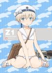  1girl aka_ringo bag bikini blue_eyes character_name clothes_writing flat_chest frilled_skirt frills gun hat kantai_collection looking_at_viewer lowleg lowleg_bikini navel open_mouth sailor_bikini sailor_collar sailor_hat sandals short_hair silver_hair skirt solo swimsuit weapon white_bikini z1_leberecht_maass_(kantai_collection) 