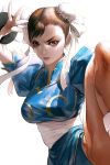  1girl bracelet bun_cover china_dress chinese_clothes chun-li double_bun dress fighting_stance jewelry kyoung_hwan_kim pantyhose pelvic_curtain sash simple_background solo spiked_bracelet spikes street_fighter translated upper_body white_background 