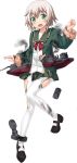  1girl blonde_hair depth_charge full_body green_eyes gun kantai_collection long_sleeves looking_at_viewer machinery mary_janes official_art one_leg_raised open_mouth pantyhose shimushu_(kantai_collection) shoes skirt solo torn_clothes torn_pantyhose turret weapon 