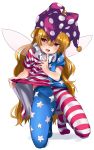  1girl absurdres american_flag_dress bangs blonde_hair clownpiece dress dress_lift fairy_wings full_body hat highres jester_cap kneeling lifted_by_self long_hair looking_at_viewer neck_ruff open_mouth pantyhose polka_dot red_eyes short_dress short_sleeves simple_background solo star star_print striped sweat touhou very_long_hair wavy_hair white_background wings zuwatake 