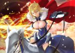  1girl ahoge armor artoria_pendragon_lancer_(fate/grand_order) blonde_hair blue_eyes blush braid breasts bursting_breasts cape cleavage closed_mouth crown evening fate/grand_order fate_(series) fur_trim gauntlets greaves hair_between_eyes highres holding horse horseback_riding jamg336 lance large_breasts leg_armor long_hair looking_at_viewer no_panties outdoors pelvic_curtain polearm rhongomyniad riding saber shiny shiny_hair sidelocks solo spread_legs sword thigh-highs tied_hair twitter_username weapon 