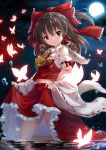  1girl ascot bangs bow brown_hair bug_(artist) butterfly detached_sleeves full_moon hair_bow hair_tubes hakurei_reimu long_hair looking_at_viewer midriff moon navel night night_sky outdoors red_bow red_eyes red_skirt ribbon-trimmed_sleeves ribbon_trim sarashi skirt skirt_lift skirt_set sky solo sparkle standing star_(sky) starry_sky touhou vest wading water water_drop 