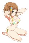  1girl armpits bare_legs barefoot bikini breasts brown_eyes brown_hair commentary_request feet full_body highres looking_at_viewer medium_breasts navel open_mouth original print_bikini seiza side-tie_bikini sitting solo swimsuit telephoto toes transparent_background 