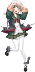  1girl blonde_hair full_body green_eyes gun kantai_collection long_sleeves looking_at_viewer machinery mary_janes official_art one_leg_raised open_mouth pantyhose shimushu_(kantai_collection) shoes skirt smile solo turret weapon 