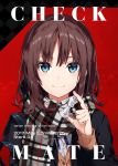  1girl arisaka_ako bangs blazer blue_eyes brown_hair chess_piece cover cover_page doujin_cover jacket original plaid plaid_scarf red_background scarf school_uniform short_hair smile solo upper_body 