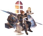  1boy 1girl armor armored_boots blonde_hair boots brown_hair character_request closed_eyes collarbone cup dress frills gauntlets granblue_fantasy holding juliet_sleeves long_dress long_sleeves minaba_hideo official_art polearm puffy_sleeves ribbon shield short_hair short_sleeves shoulder_armor sitting smile spear teacup transparent_background tray weapon window 
