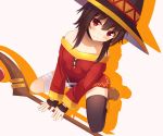  1girl bandage bare_shoulders belt black_hair black_legwear blush boots brown_shoes dress fingerless_gloves full_body gloves hair_over_one_eye hat kamishiro_hazuki kono_subarashii_sekai_ni_shukufuku_wo! long_sleeves looking_at_viewer megumin red_dress red_eyes shadow shoes short_hair single_thighhigh solo staff thigh-highs witch_hat 