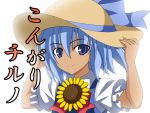  4koma cirno comic cover cover_page flower hand_on_headwear hat looking_at_viewer rappa_(rappaya) short_hair short_sleeves smile sun_hat sunflower tan touhou 