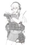  1girl ayyh eyebrows_visible_through_hair glasses gloves headset highres holster monochrome original pleated_skirt reloading school_uniform serious skirt solo thigh_holster thigh_strap utility_vest vest watch watch 