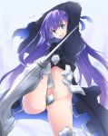  &gt;:d 1girl :d armor armored_boots bangs black_coat blue_eyes blue_ribbon boots crotch_plate eyebrows_visible_through_hair fate/extra fate/extra_ccc fate_(series) floating_hair hair_ribbon long_coat long_hair looking_at_viewer meltlilith navel open_mouth purple_hair revealing_clothes ribbon smile solo spikes thighs very_long_hair yuki_maccha_(yukimattya10) 