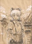  1girl dress_shirt fujiwara_no_mokou hands_in_pockets long_hair open_mouth outdoors pants shirt sleeves_rolled_up stufquin suspenders touhou traditional_media very_long_hair 