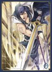  1boy armor artist_request bangs belt blue_eyes blue_hair boots cape company_connection copyright_name fire_emblem fire_emblem:_kakusei fire_emblem_cipher gloves holding holding_weapon indoors knee_boots krom logo male_focus official_art open_mouth pants sheath shiny short_hair shoulder_armor sleeveless solo sword tattoo weapon white_cape 