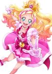  1girl :d absurdres blonde_hair bow brooch cowboy_shot cure_flora duplicate flower flower_necklace gloves go!_princess_precure gradient_hair green_eyes haruno_haruka highres jewelry long_hair looking_at_viewer magical_girl multicolored_hair necklace open_mouth outstretched_hand pink_bow pink_hair pink_skirt precure puffy_sleeves sharumon shoes skirt smile solo streaked_hair thick_eyebrows two-tone_hair white_background white_gloves white_shoes 