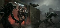  1boy 1girl 2015 alien alien_(movie) artist_name claws crossed_arms cyborg fangs gun highres marek_okon military military_uniform military_vehicle monster open_mouth realistic saliva science_fiction signature smoke tail teeth turret uniform weapon xenomorph 