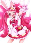  1girl ;d absurdres animal_ears bow cake_hair_ornament cowboy_shot cure_whip duplicate earrings food food_themed_hair_ornament fruit gloves hair_ornament hairband highres jewelry kirakira_precure_a_la_mode layered_skirt long_hair looking_at_viewer magical_girl one_eye_closed open_mouth pink_bow pink_choker pink_eyes pink_hair precure rabbit_ears red_hairband sharumon skirt smile solo strawberry twintails usami_ichika v white_background white_gloves white_skirt 
