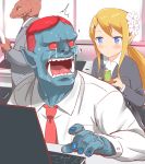  1girl 2boys blonde_hair blue_eyes blue_skin business_suit commentary crying crying_with_eyes_open cup dress_shirt elf flower formal hair_flower hair_ornament lizardman long_hair multiple_boys mushi_gyouza original pointy_ears ponytail red_eyes redhead revision shirt suit tea tears tray yunomi 