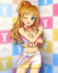  1girl alternate_costume artist_request bare_shoulders belt blush bow breasts cinderella_dream cleavage copyright_name green_eyes hair_bow heart high_ponytail hino_akane_(idolmaster) idolmaster idolmaster_cinderella_girls long_hair looking_at_viewer navel official_art one_eye_closed open_mouth orange_hair ponytail shorts smile solo 
