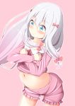  1girl arched_back bangs blue_eyes blush bow closed_mouth clothes_lift cowboy_shot eromanga_sensei eyebrows_visible_through_hair frills grey_hair hair_between_eyes hair_bow izumi_sagiri long_hair mochiyuki navel pajamas pink_bow pink_shorts shorts simple_background solo stomach 