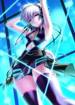  1girl anastasia_(idolmaster) armpits arms_up blue_eyes breasts cleavage headphones highres idolmaster idolmaster_cinderella_girls idolmaster_cinderella_girls_starlight_stage navel parted_lips short_hair silver_hair solo thigh-highs zen 
