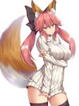  1girl alternate_hairstyle animal_ear_fluff animal_ears black_legwear bottomless breast_hold breasts brown_eyes clothes_tug fate/extra fate_(series) fox_ears fox_shadow_puppet fox_tail highres kanikou large_breasts light_smile long_hair pink_eyebrows pink_hair simple_background solo sweater sweater_tug tail tamamo_(fate)_(all) tamamo_no_mae_(fate) thigh-highs thighs twintails type-moon white_background 