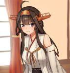  1girl ahoge brown_hair detached_sleeves double_bun hairband highres japanese_clothes kantai_collection kongou_(kantai_collection) long_hair nontraditional_miko remodel_(kantai_collection) ribbon-trimmed_sleeves ribbon_trim skirt solo yuubokumin 